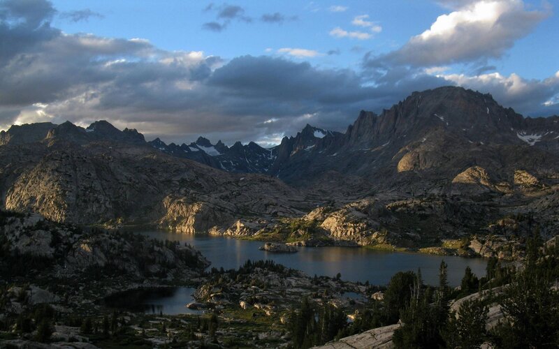 Mountain Lake at Dusk — Blue, Dramatic, Sunset, Photograph, Mountains, Trees, Clouds
