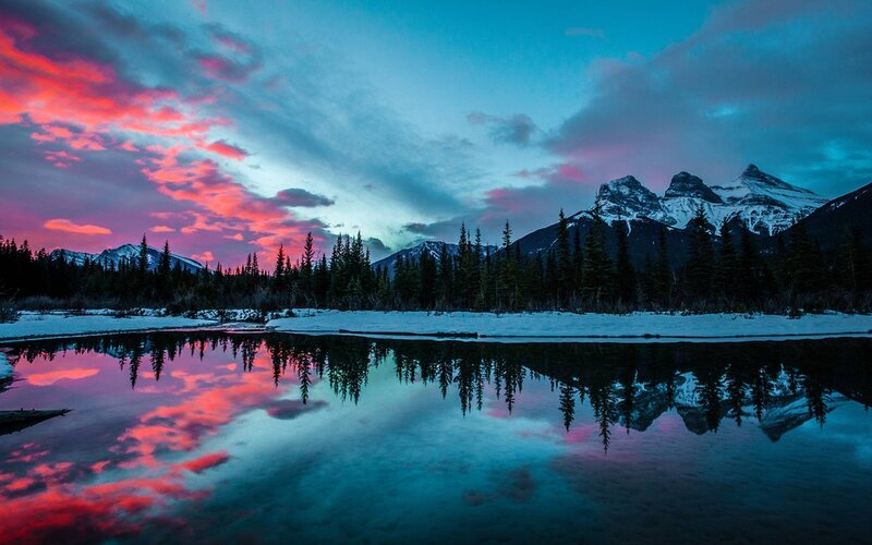Mountain Lake at Dusk — Blue, Dramatic, Sunset, Photograph, Mountains, Trees
