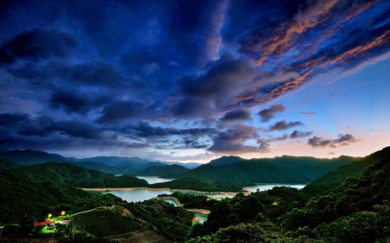 Mountain Lake at Dusk — Blue, Dramatic, Sunset
