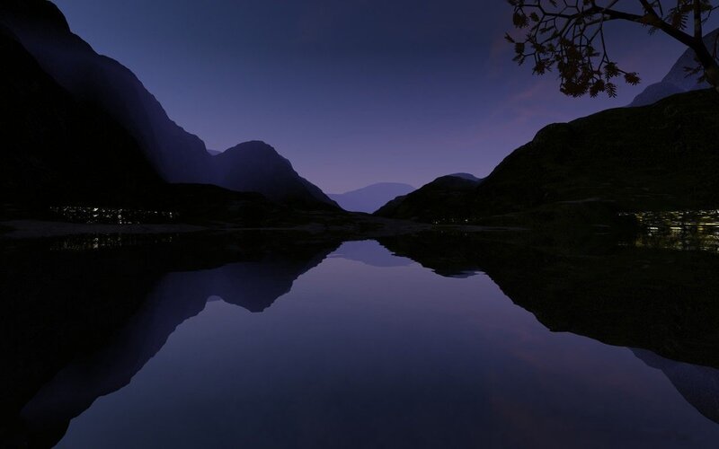Mountain Lake at Dusk — Blue, Serene, Night, 3d Render