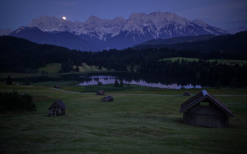 Mountain Lake at Dusk — Blue, Serene, Night, Photograph, Moon, Huts