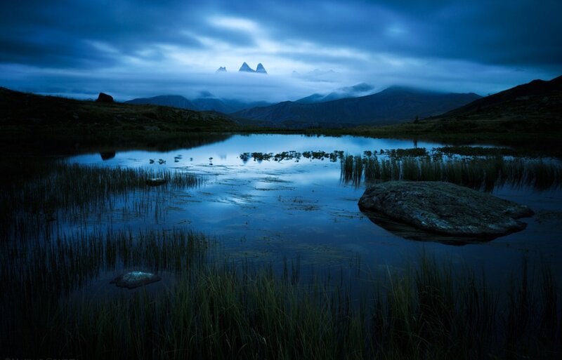 Mountain Lake at Dusk — Blue, Serene, Night, Photograph, Mountains, Clouds, Grass