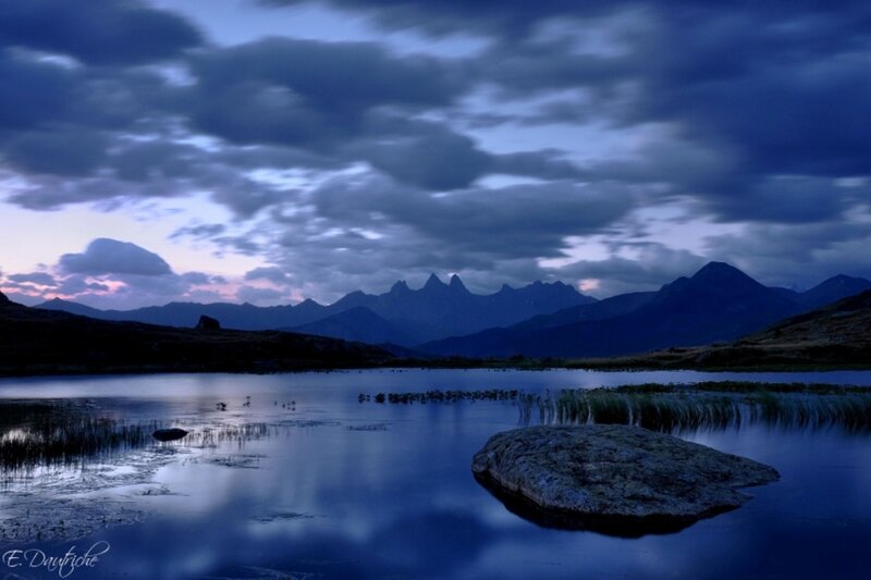Mountain Lake at Dusk — Blue, Serene, Night, Photograph, Mountains, Clouds, Rock