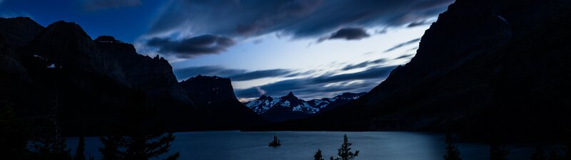 Mountain Lake at Dusk — Blue, Serene, Night, Photograph, Mountains, Clouds, Trees