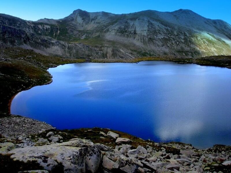 Mountain Lake at Dusk — Blue, Serene, Night, Photograph, Mountains, Rocks, Gray