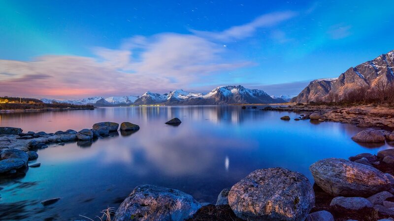 Mountain Lake at Dusk — Blue, Serene, Night, Photograph, Mountains, Rocks