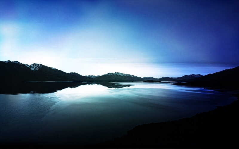 Mountain Lake at Dusk — Blue, Serene, Night, Photograph, Mountains, Sky