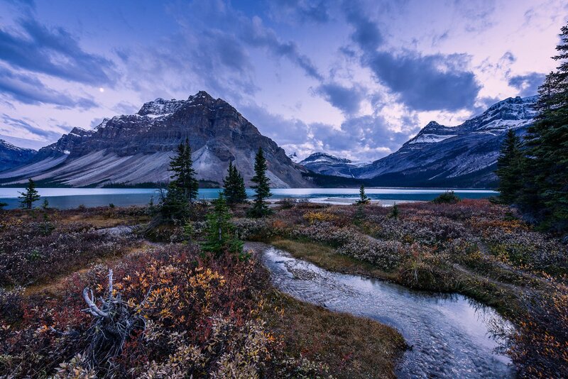 Mountain Lake at Dusk — Blue, Serene, Night, Photograph, Mountains, Stream