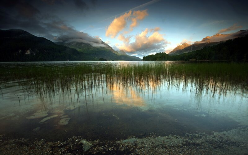 Mountain Lake at Dusk — Blue, Serene, Photograph, Mountains, Clouds, Reeds