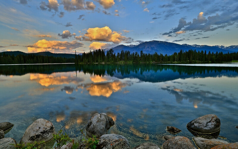Mountain Lake at Dusk — Blue, Serene, Sunset, Photograph, Clouds