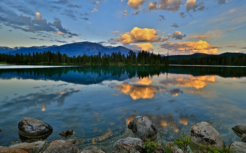 Mountain Lake at Dusk — Blue, Serene, Sunset, Photograph, Clouds, Trees