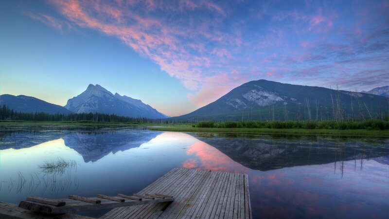 Mountain Lake at Dusk — Blue, Serene, Sunset, Photograph, Mountains, Dock