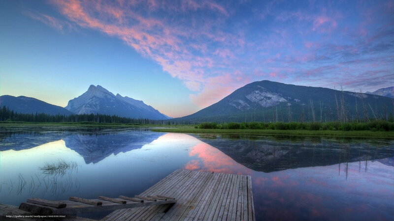 Mountain Lake at Dusk — Blue, Serene, Sunset, Photograph, Mountains, Dock, Trees