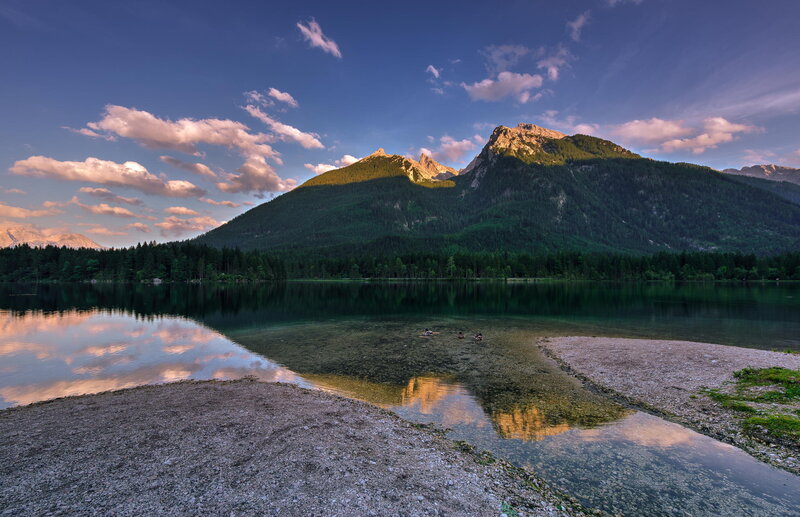 Mountain Lake at Dusk — Blue, Serene, Sunset, Photograph, Mountains, Forest, Clouds
