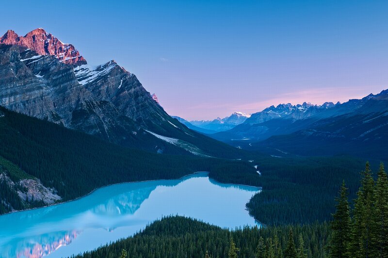 Mountain Lake at Dusk — Blue, Serene, Sunset, Photograph, Mountains, Forest