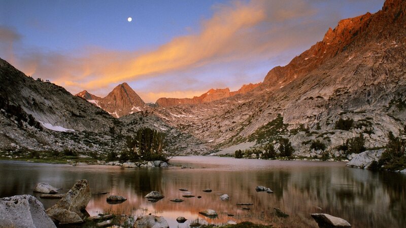 Mountain Lake at Dusk — Blue, Serene, Sunset, Photograph, Mountains, Moon