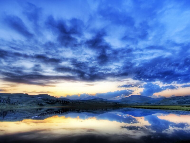 Mountain Lake at Dusk — Blue, Serene, Sunset, Photograph, Mountains, Sky, Clouds
