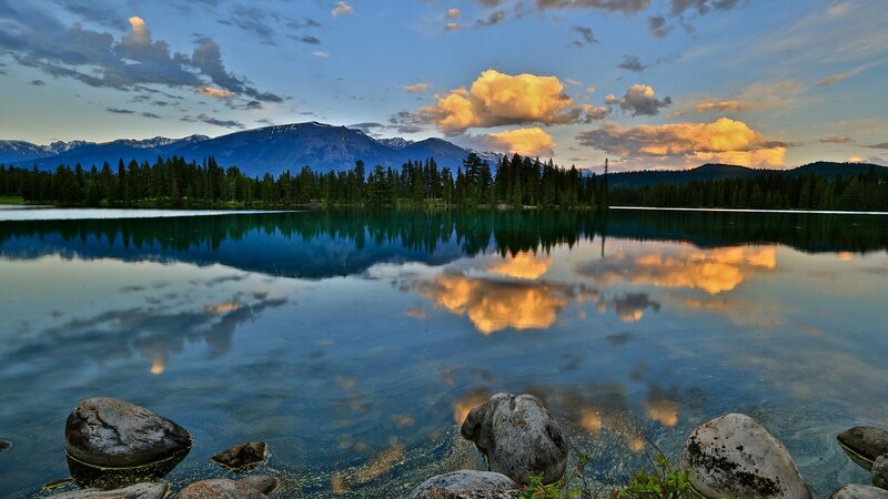 Mountain Lake at Dusk — Blue, Serene, Sunset, Photograph, Mountains, Trees, Clouds