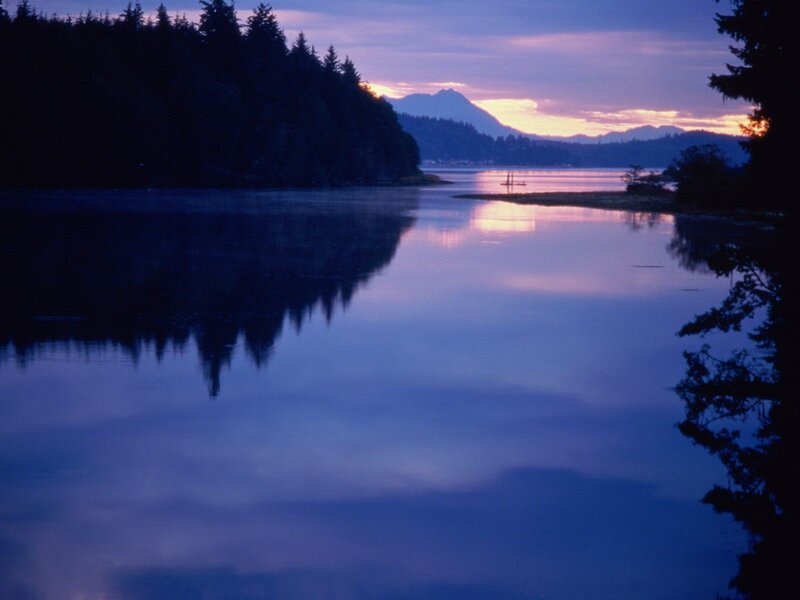 Mountain Lake at Dusk — Blue, Serene, Sunset, Photograph, Trees, Boat