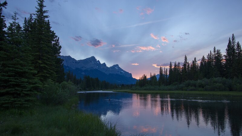Mountain Lake at Dusk — Blue, Serene, Sunset, Photograph, Trees, Mountains, Sky