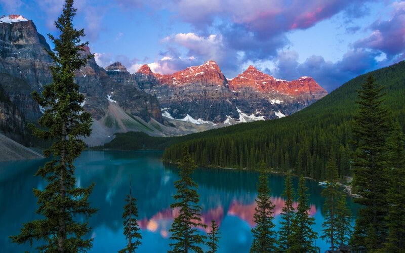 Mountain Lake at Dusk — Blue, Serene, Sunset, Photograph, Trees, Mountains