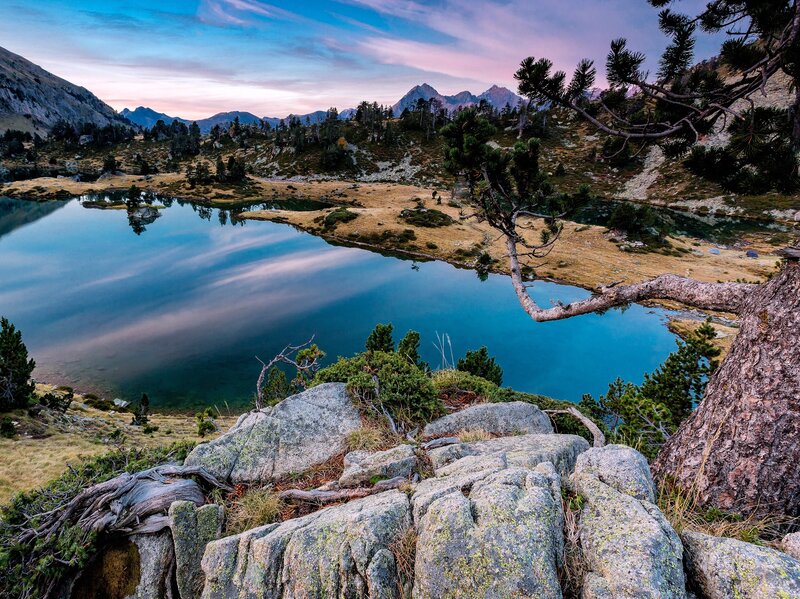 Mountain Lake at Dusk — Blue, Serene, Sunset, Photograph, Trees, Rocks