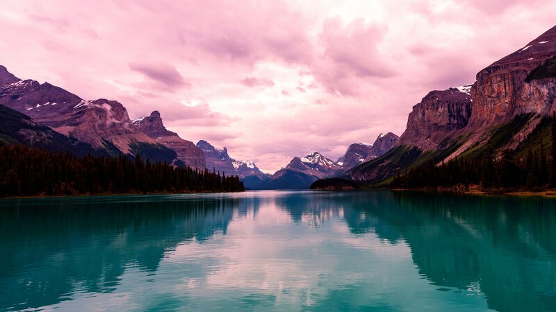 Mountain Lake at Dusk — Pink, Serene, Sunset, Photograph, Mountains, Forest, Sky