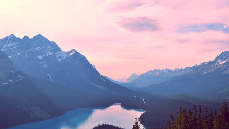 Mountain Lake at Dusk — Pink, Serene, Sunset, Photograph, Mountains, Forest