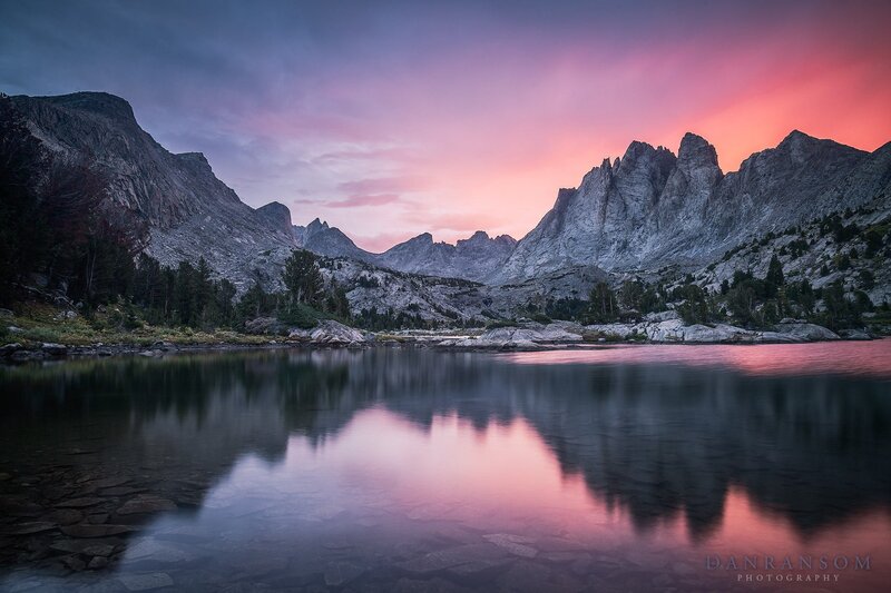 Mountain Lake at Dusk — Pink, Serene, Sunset, Photograph, Mountains