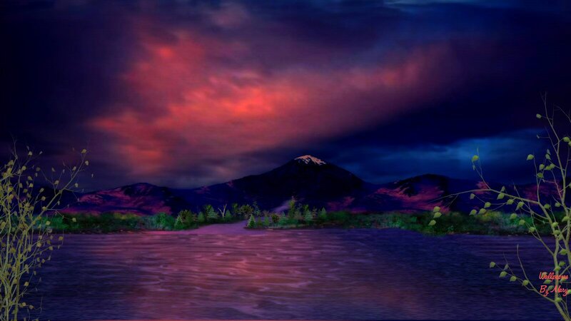 Mountain Lake at Dusk — Purple, Dramatic, Sunset, Digital Art