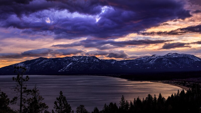 Mountain Lake at Dusk — Purple, Dramatic, Sunset, Photograph, Mountains
