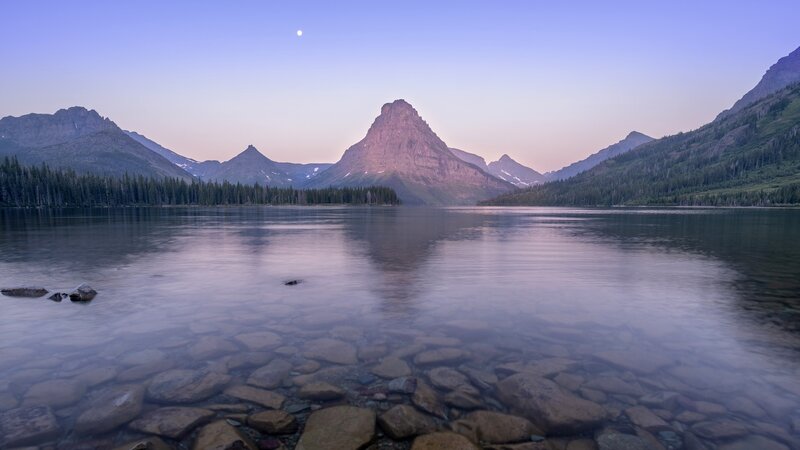 Mountain Lake at Dusk — Purple, Serene, Night, Photograph, Moon