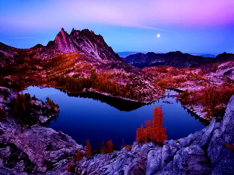 Mountain Lake at Dusk — Purple, Serene, Night, Photograph