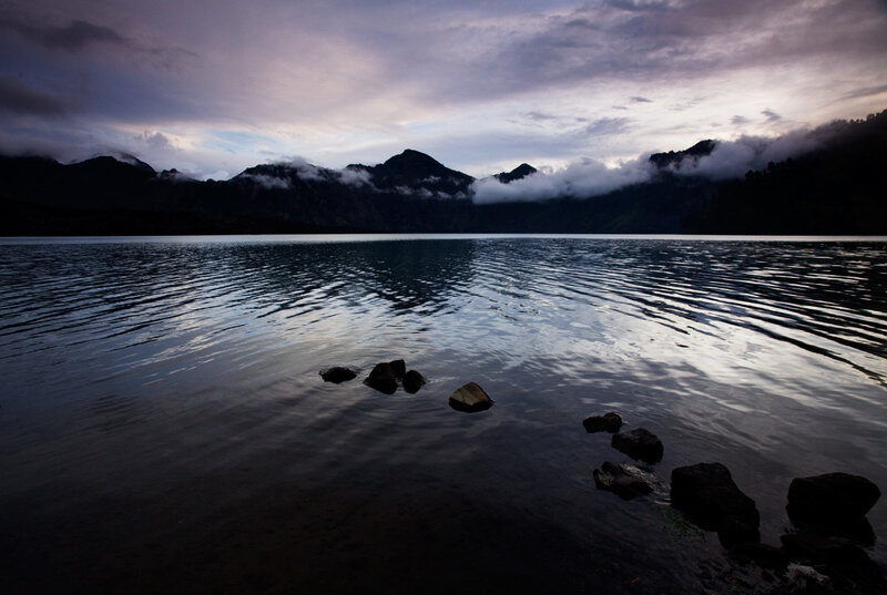 Mountain Lake at Dusk — Purple, Serene, Night