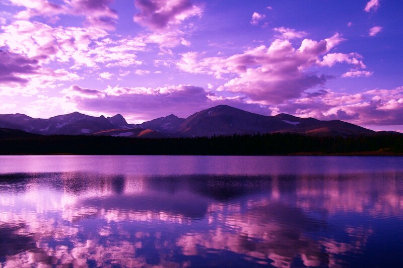 Mountain Lake at Dusk — Purple, Serene, Sunset, Photograph, Mountains, Clouds