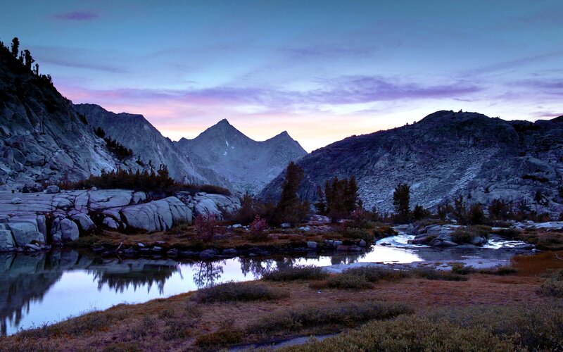 Mountain Lake at Dusk — Purple, Serene, Sunset, Photograph, Mountains, River
