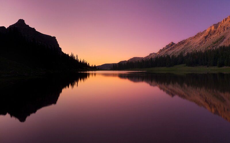 Mountain Lake at Dusk — Purple, Serene, Sunset, Photograph, Mountains, Trees, Sky