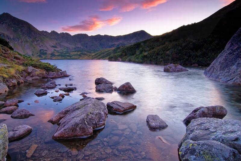 Mountain Lake at Dusk — Purple, Serene, Sunset, Photograph, Rocks