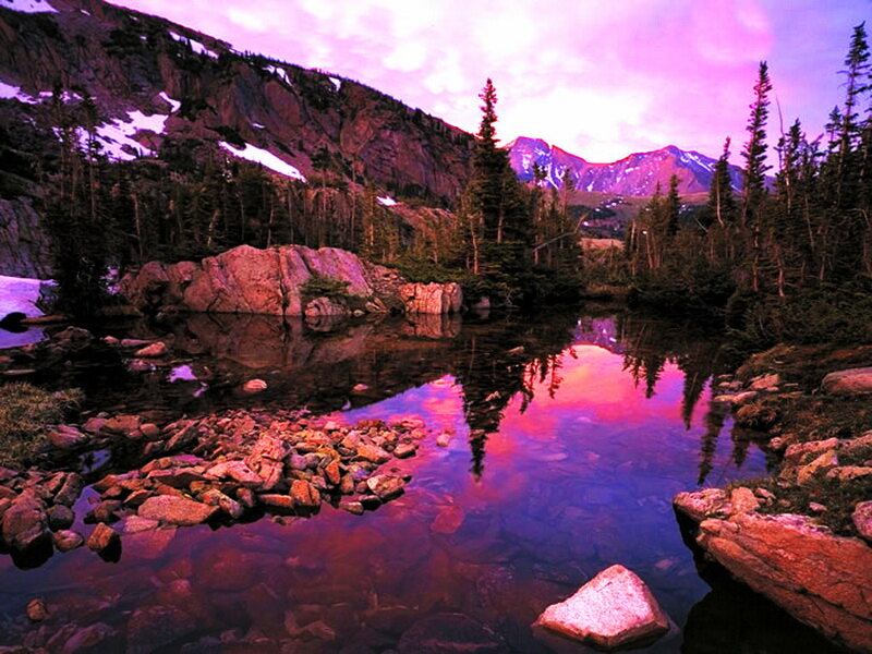 Mountain Lake at Dusk — Purple, Serene, Sunset, Photograph, Trees