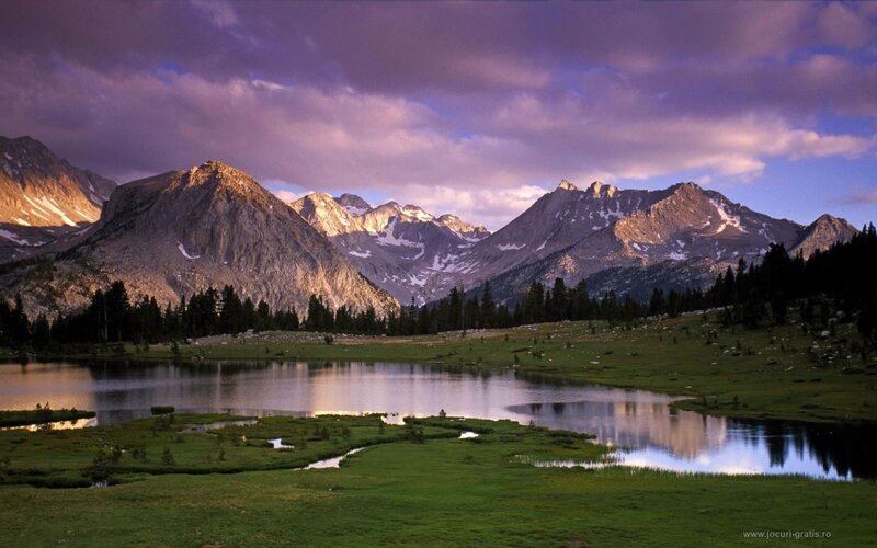 Mountain Lake at Dusk — Purple, Serene, Sunset