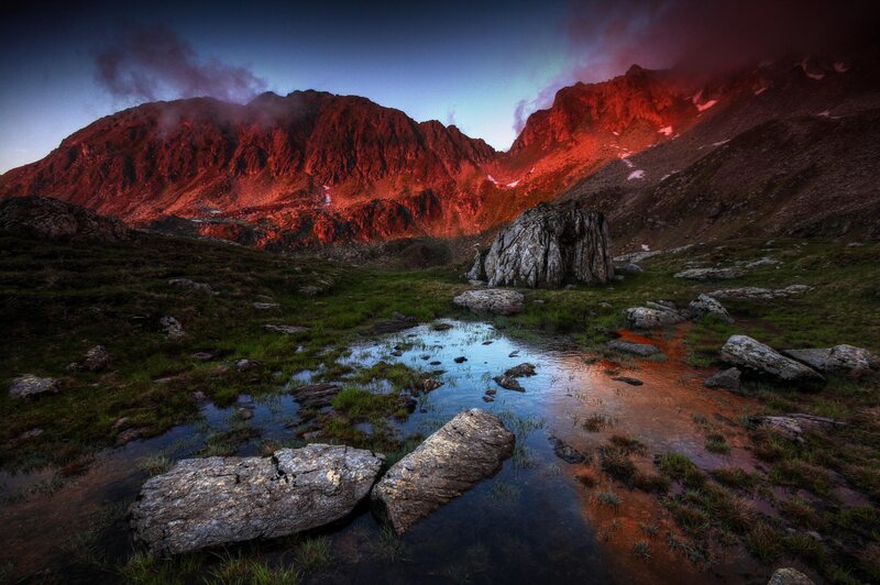Mountain Lake at Dusk — Red