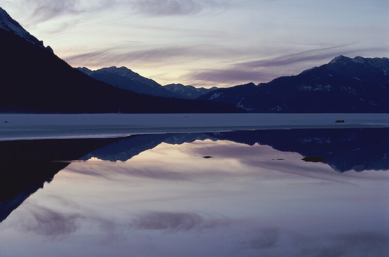 Mountain lake at dusk