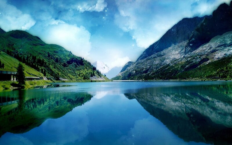 Mountain lake at night