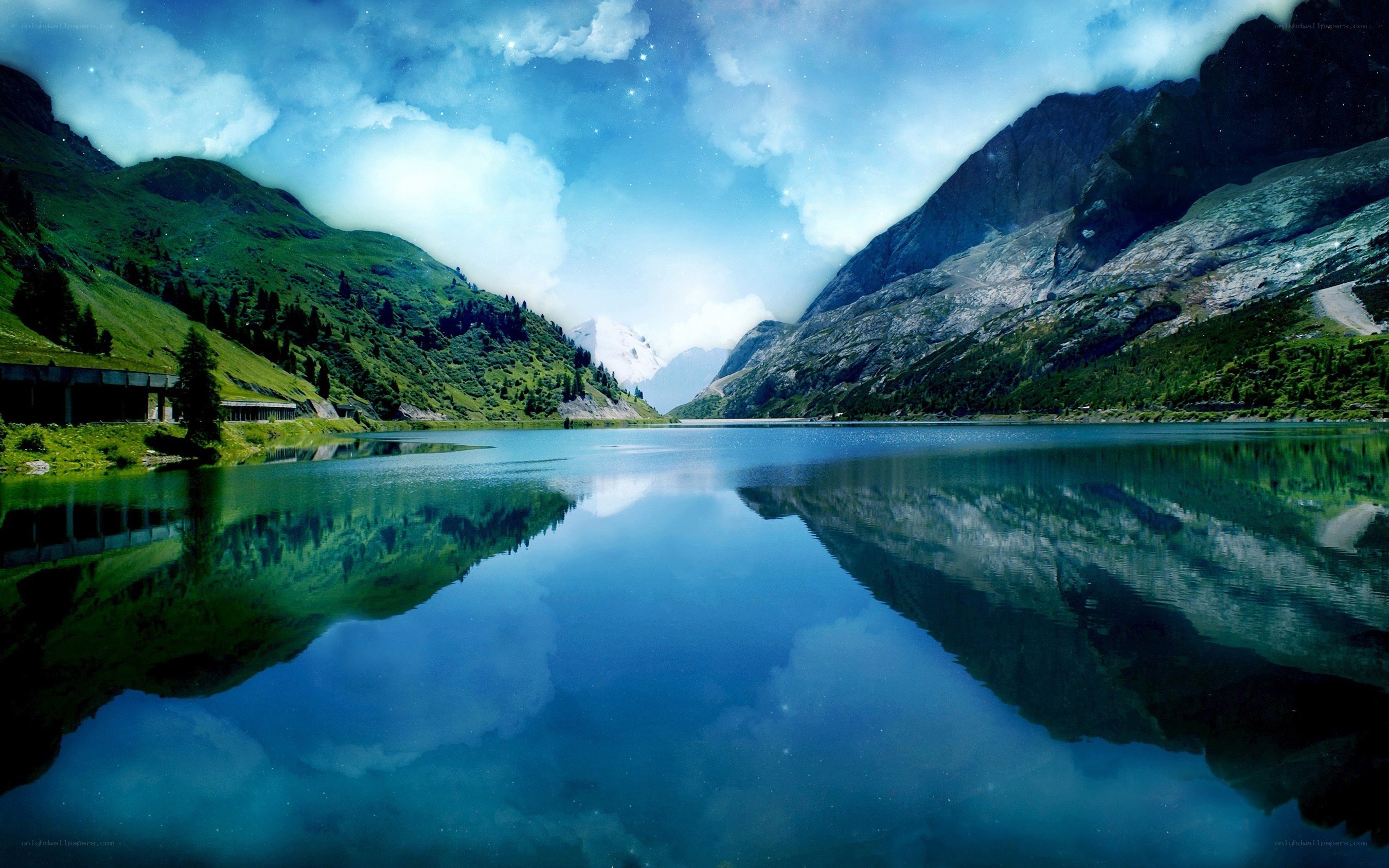 Mountain lake at night