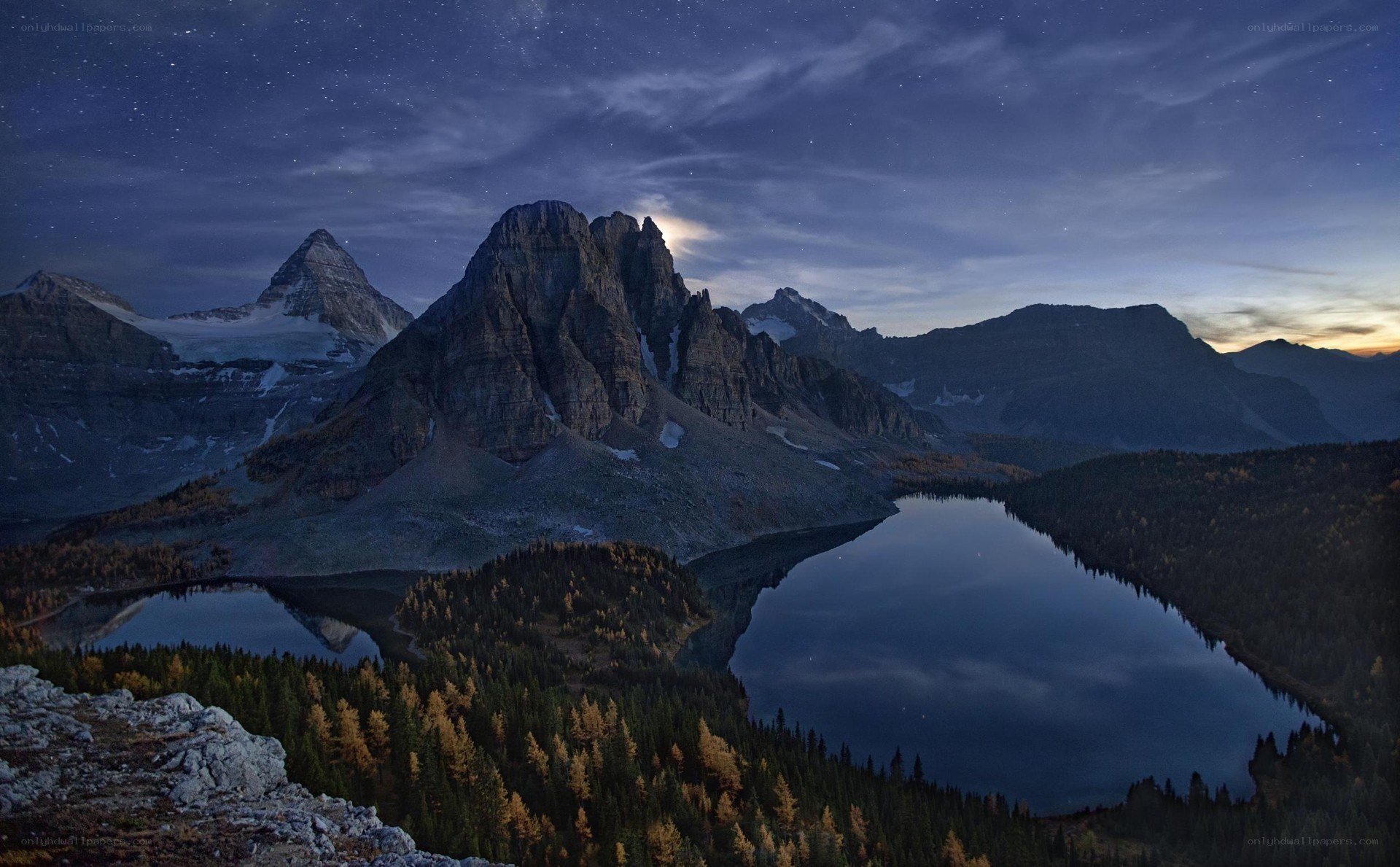 Mountain lake at night