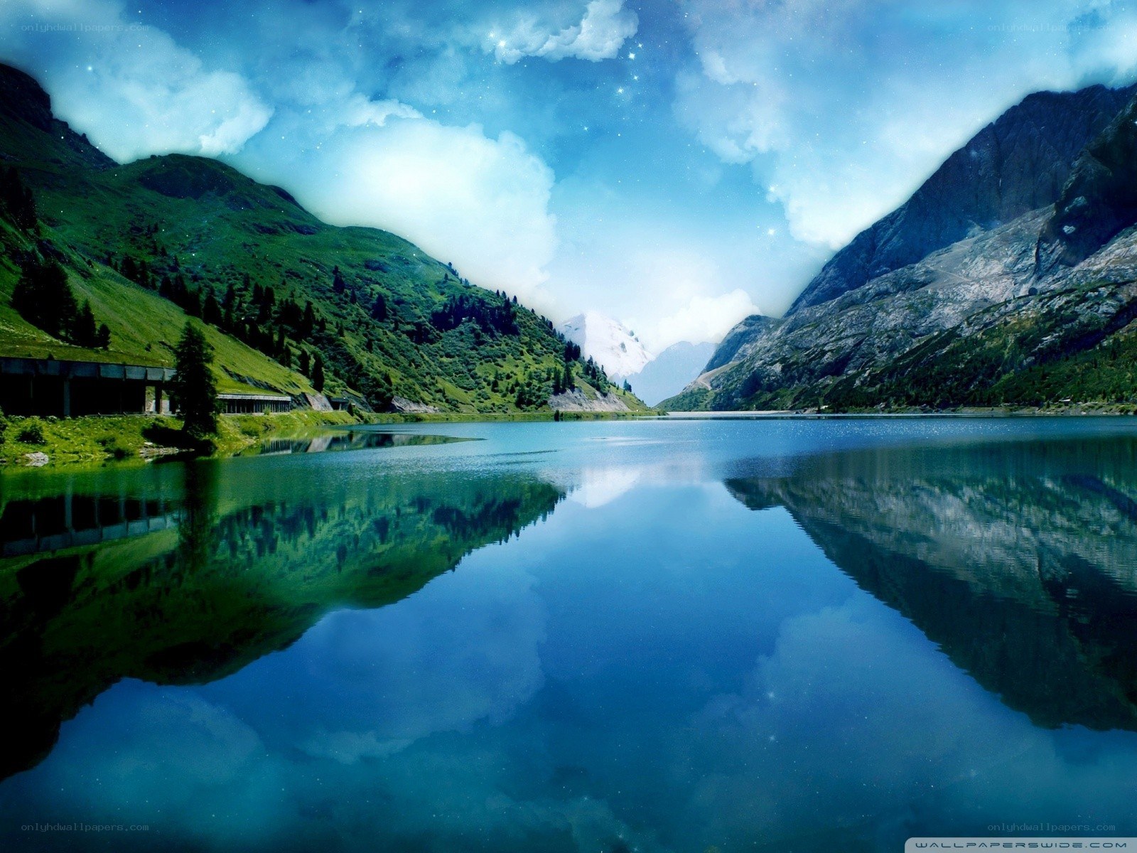 Mountain lake at night
