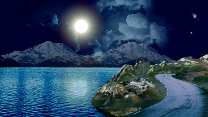 Mountain Lake at Night — Blue, Dramatic