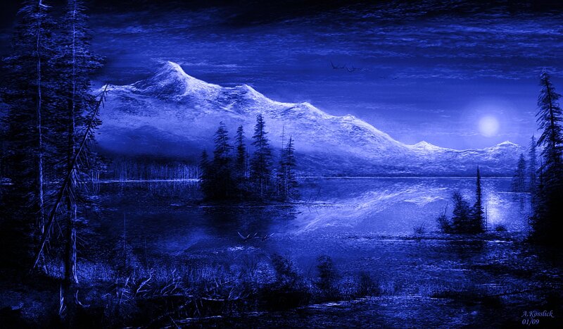 Mountain Lake at Night — Blue, Serene, Digital Art