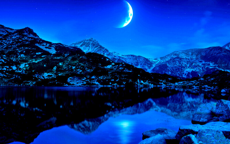 Mountain Lake at Night — Blue, Serene, Photograph, Moon, Mountains