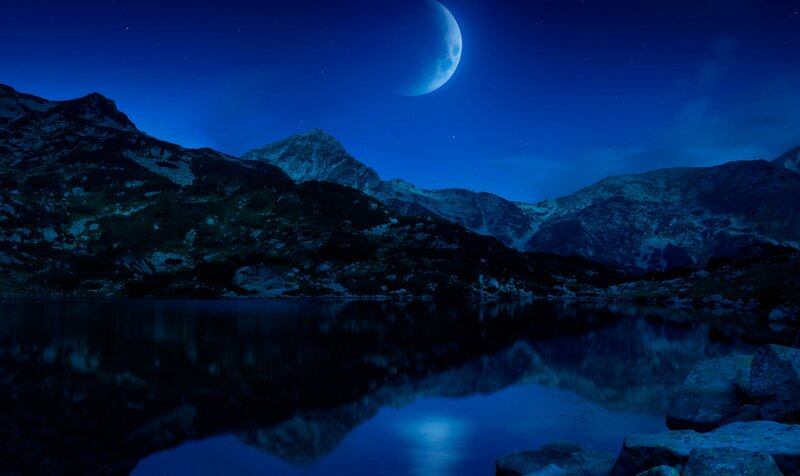 Mountain Lake at Night — Blue, Serene, Photograph, Moon, Stars